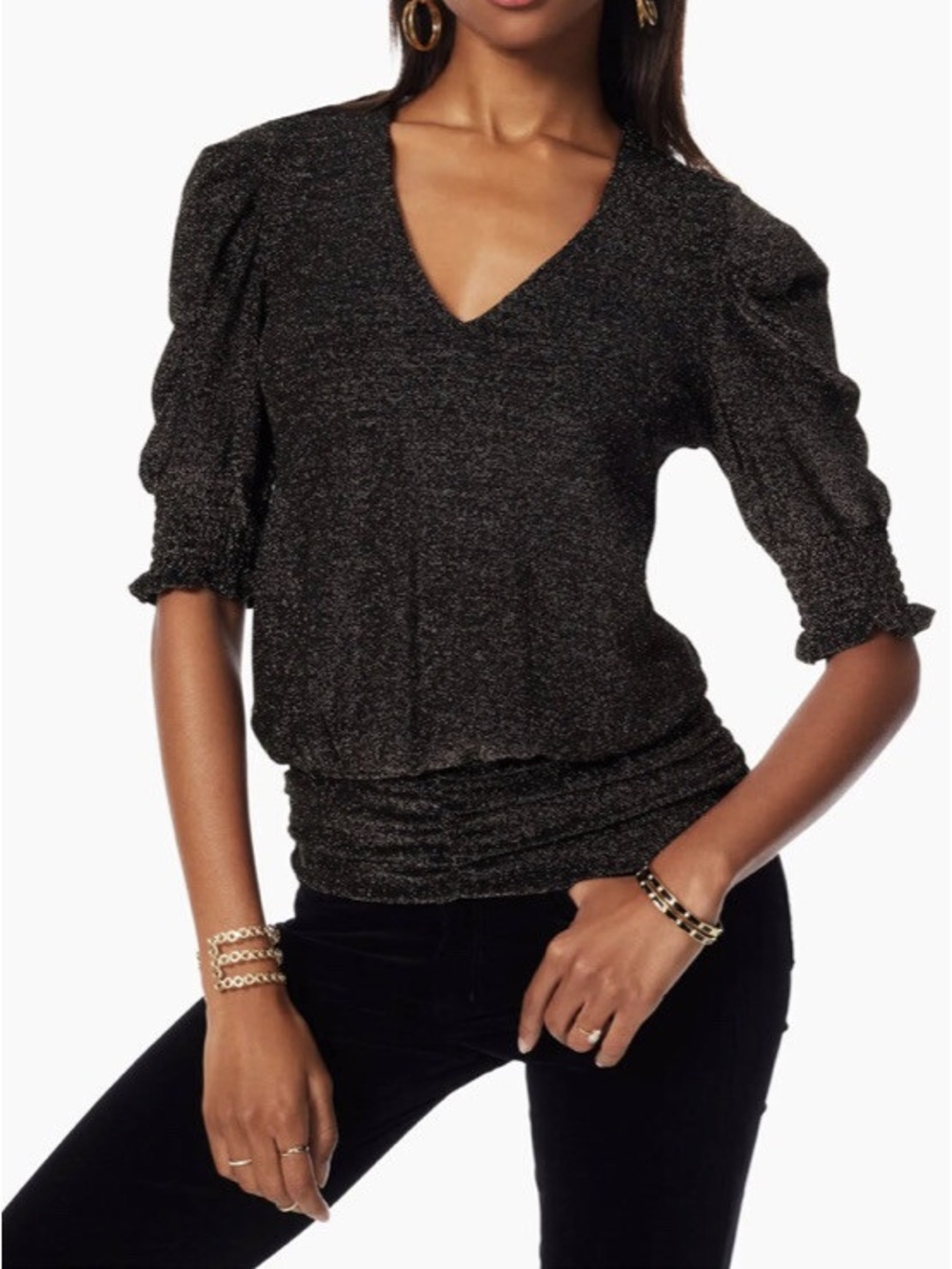 Ramy Brook Knit Flora Size M Black Metallic Stretch Evening Puff Sleeve Blouse